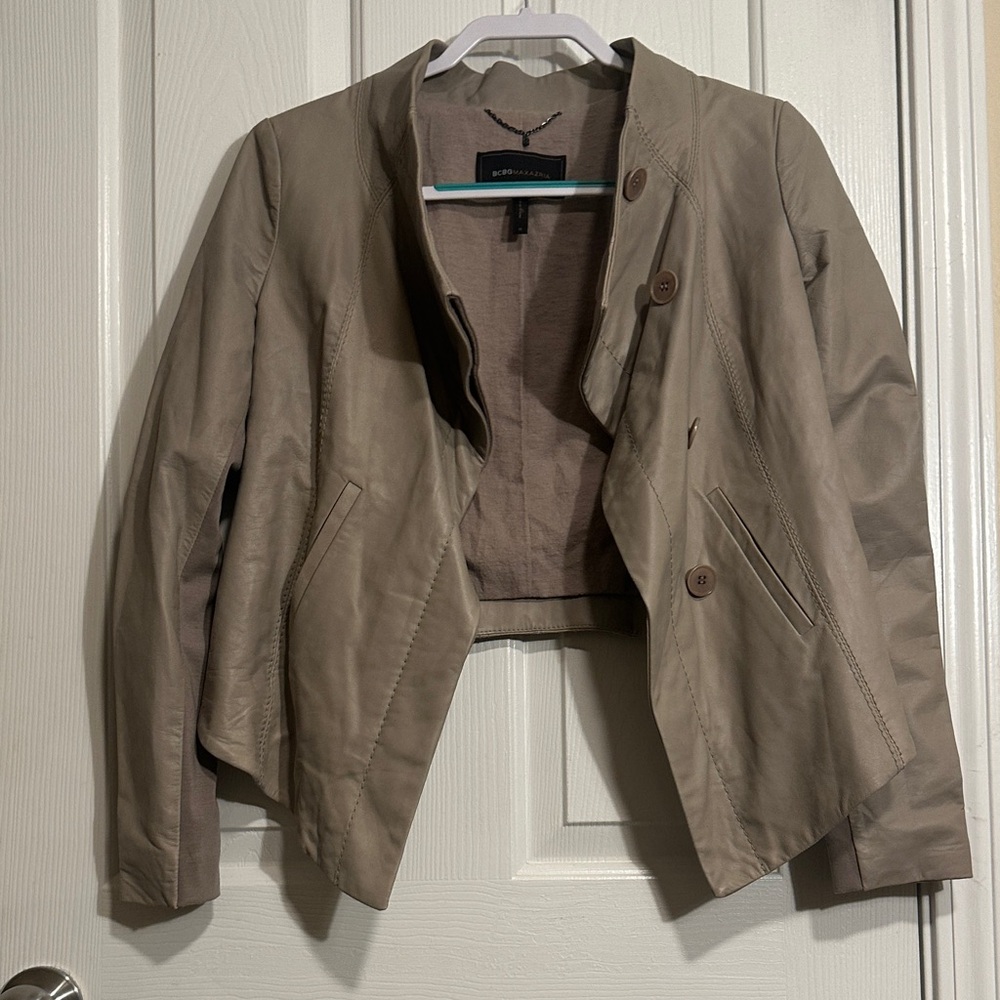 BCBGMaxAzria Tan Taupe Asymmetric Leather Jacket